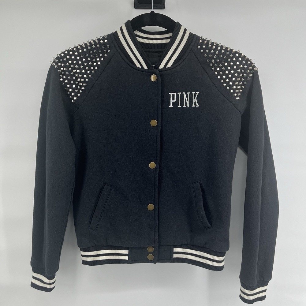 Victoria's Secret PINK Women's Size Small Varsity Studded Bomber Jacket Black